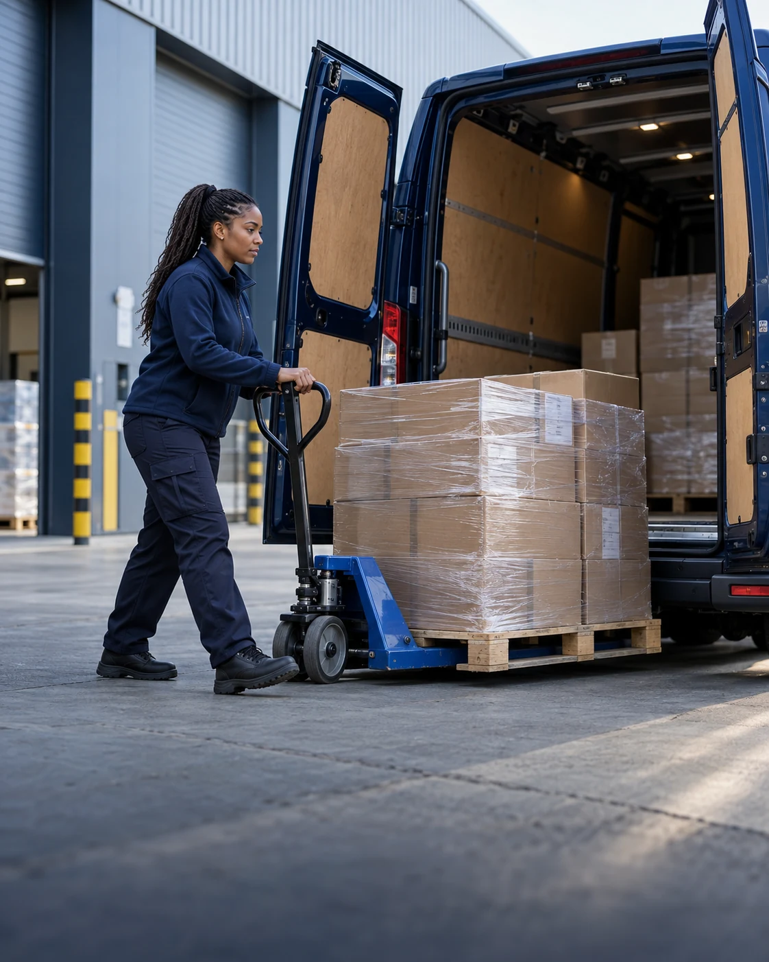 DBN delivery professional moving palletised parcels toward a navy van