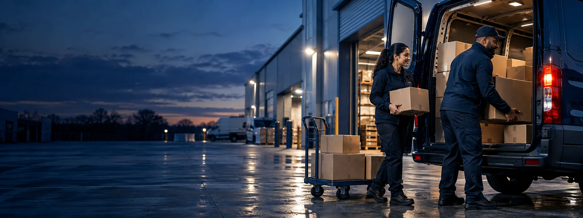 Delivery team loading parcels into a navy van at a modern depot
